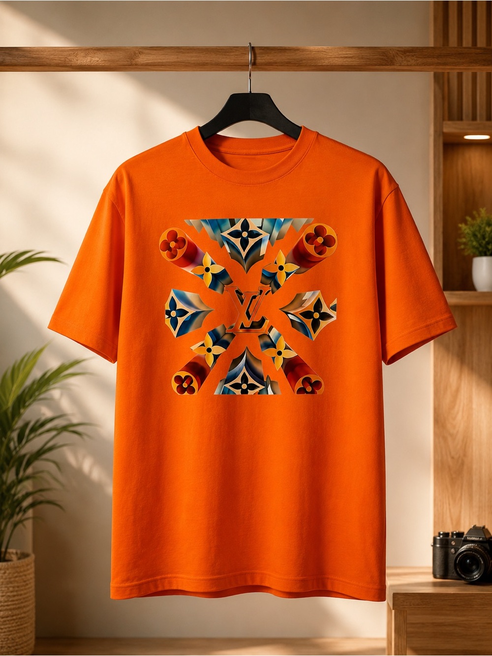 Vibrant Orange Graphic Tee with Monogram